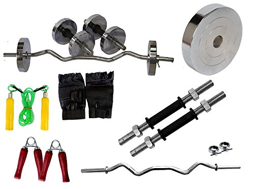 22 Kg Chrome Steel Weight Plates Home Gym Pack with 3 Rods Gloves, Hand Gripper & Rope