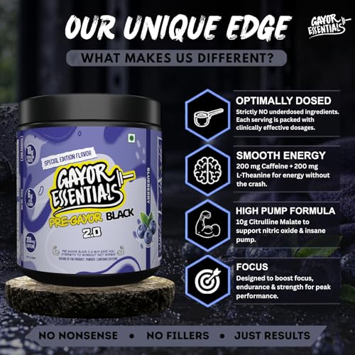 Image of Gayor Essentials Pre gayor black 2.0 Pre Workout High Stim Energy, Focus & Muscle Pump, 200mg Caffeine, 10g Citrulline Malate, 6g Beta Alanine, L-Theanine Performance Formula(Blueberry, 338g)