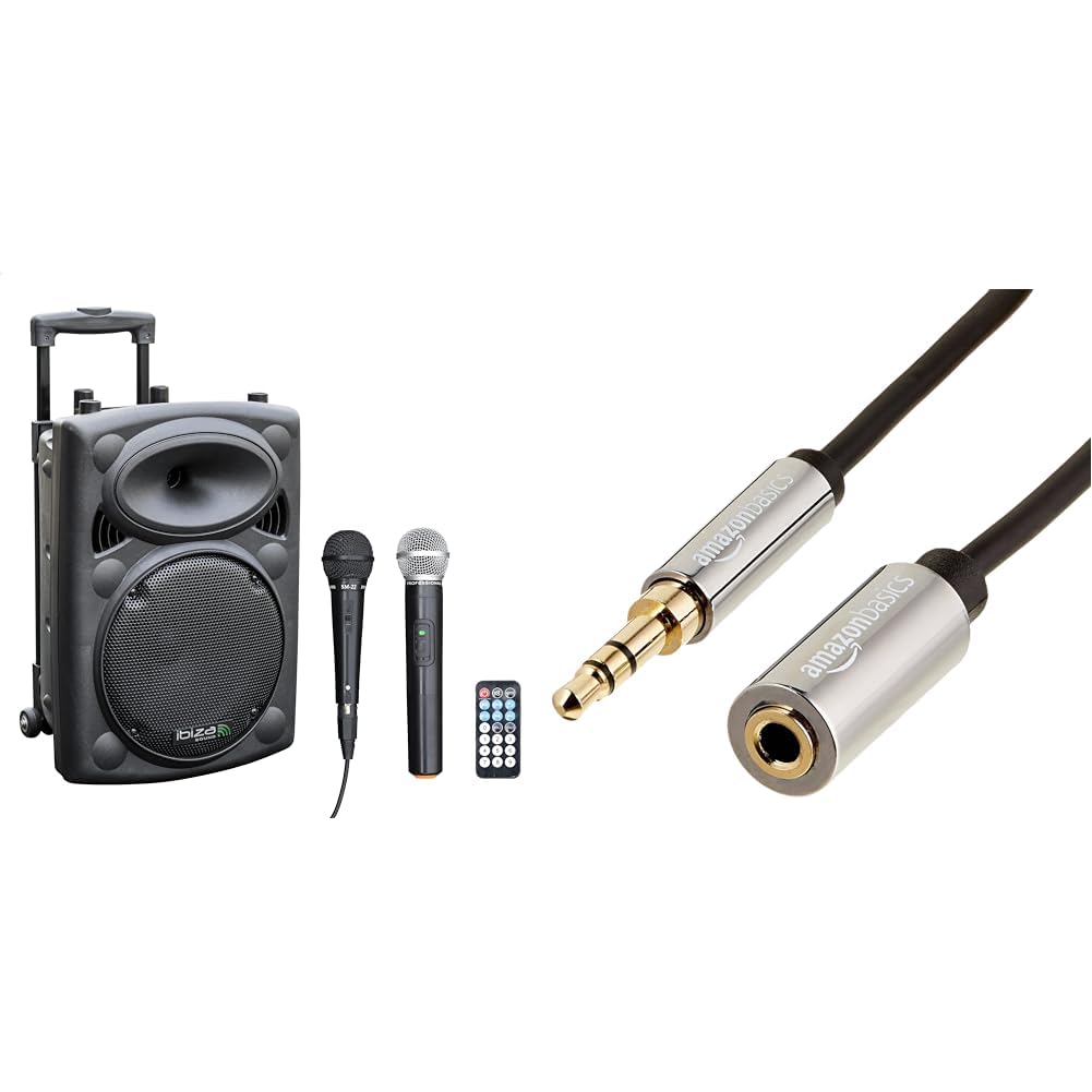 Ibiza - PORT10VHF-BT - Altoparlante portatile da 10"/500W MAX con 2 microfoni & Amazon Basics - Ausiliario Cavo prolunga audio stereo maschio/femmina, 3,5 mm, 1.83 m, Nero