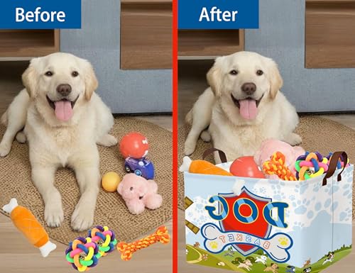 Image of Large Dog Toy Basket Storage Bin Organizer With Handles Collapsible Puppy Gift Box for Kids Toy, Clothing, Blankets (Paw)
