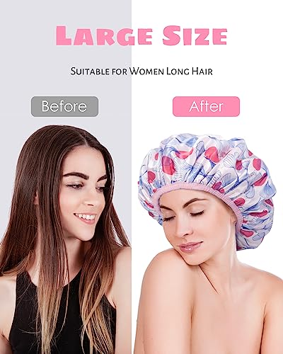 Auban Shower Cap, Shower Cap for Women Terry Cloth Lined EVA Exterior Reusable Double Layer Waterproof, Large Bath Hair Cap, Hotel Travel Essentials Accessories Cleaning Supplies (Flower)