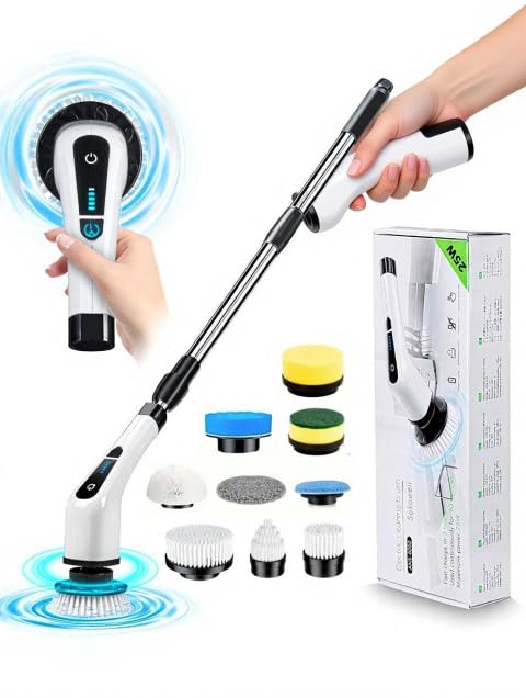 Image of Electric Spin Scrubber with 8 Brush Heads, Cordless Power Scrubber, USB Rechargeable, for Bathroom and Kitchen Cleaning