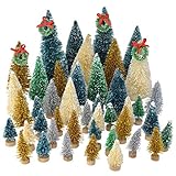Topbuti 48 Pcs Mini Christmas Trees Bottle Brush Trees Sisal Snow Frost Trees Diorama Tree with Wood Base for Christmas Decoration Home DIY Décor Crafts Assorted Color