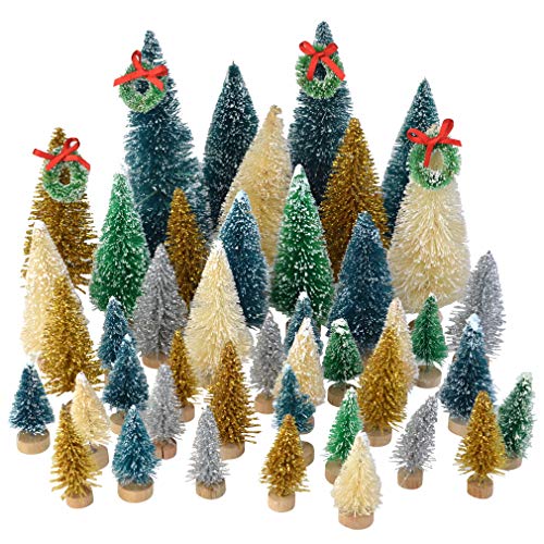 Topbuti 48 Pcs Mini Christmas Trees Bottle Brush Trees Sisal Snow Frost Trees Diorama Tree with Wood Base for Christmas Decoration Home DIY Décor Crafts Assorted Color