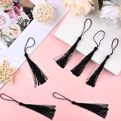 Image of NACHLYNN 120 Pcs Bookmark Tassels Bulk 13cm /5 Inch Silky Handmade Soft Craft Mini Tassels for Jewelry Keychain Making with Loops for Dress Decoration DIY Craft Accessory (Black)