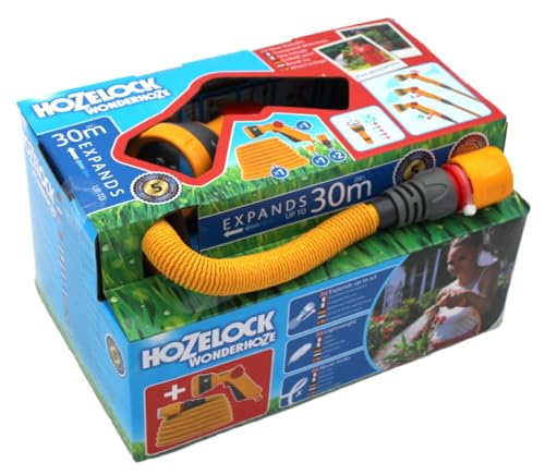 HOZELOCK - Wonderhoze Expanding Hose 30m : Flexible Hose Stretches up to 3X Original Length | with 2 Aquastop Fittings and Multispray Gun: Ready to Use