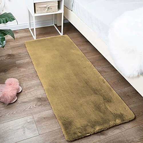 Image of Luxe Home Rabbit Fur Soild RunnerSuper Soft, Anti-Slip, Washable, Rectangle, for Livingroom Rug, in Bedroom Bedside Runner (Anti Gold, 2x5 Feet)