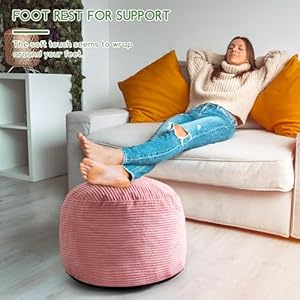 Higogogo round stuffed pouf ottoman corduroy poufs with foam chunk filling furry and fluffy pouf foot stool storage ottoman 20 x 15 floor poufs foot rest for living room pink  urban country home decor