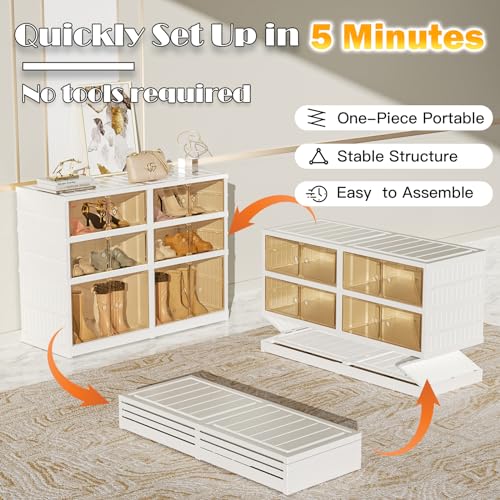 Image of 3-Tier Portable Shoe Rack Organizer for Closet, 12 Pairs Shoe Container Bins, Clear Plastic Collapsible Shoes Storage Box, Stackable Sneaker Storage Shoe Cabinet with Door