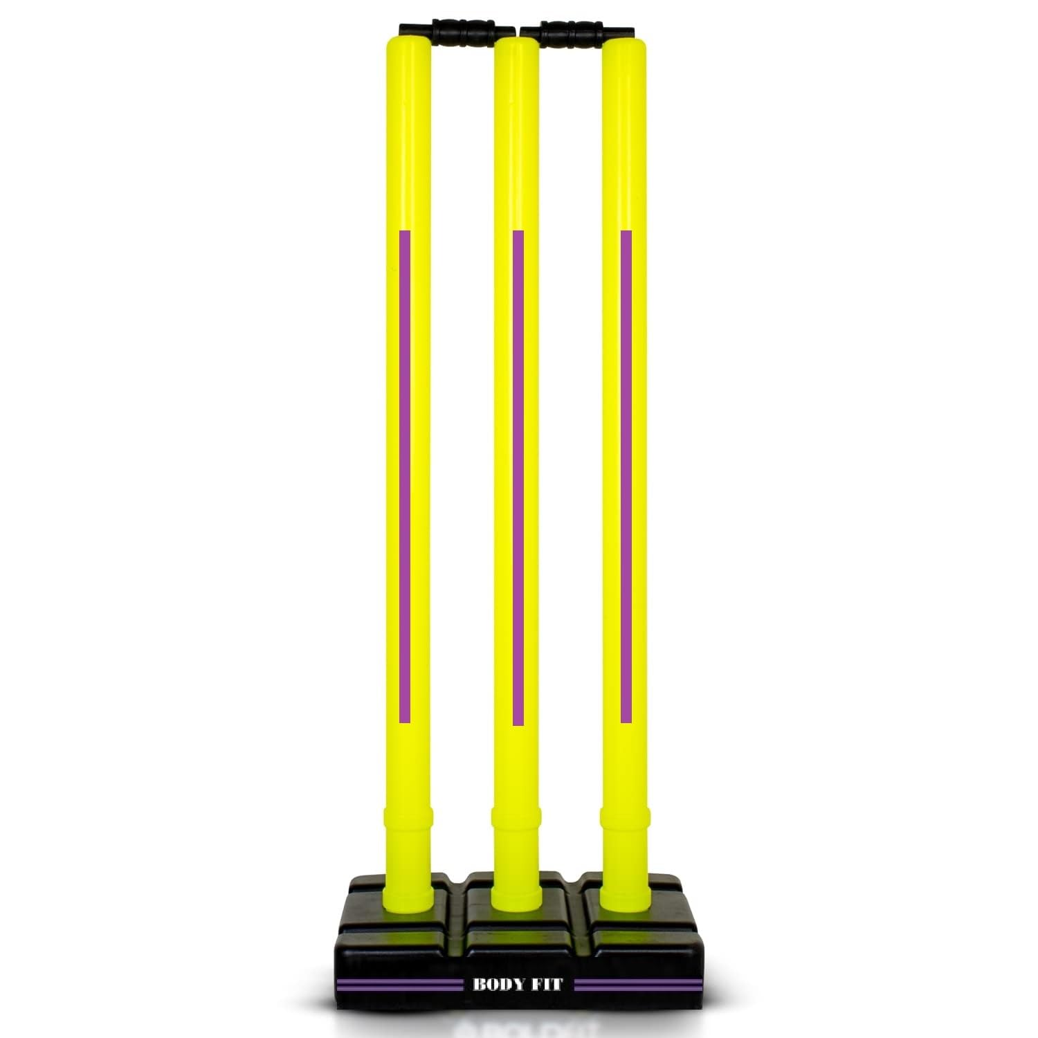 Bodyfit Cricket Stumps with Stand Cricket Kit Plastic Wickets for Cricket Standard Wickets for Cricket Ground, Match, with Stand + Bails- Fluorescent Yellow.(Yell-Purpl)-image-33