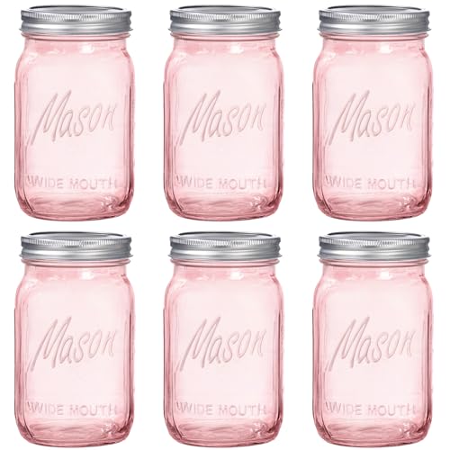 WELLIFE Pink Mason Jars 32 oz,6 Pack Wide Mouth Mason Jars for Safe Storage,Fermenting,Pickling,DIY,Crafts Decoration