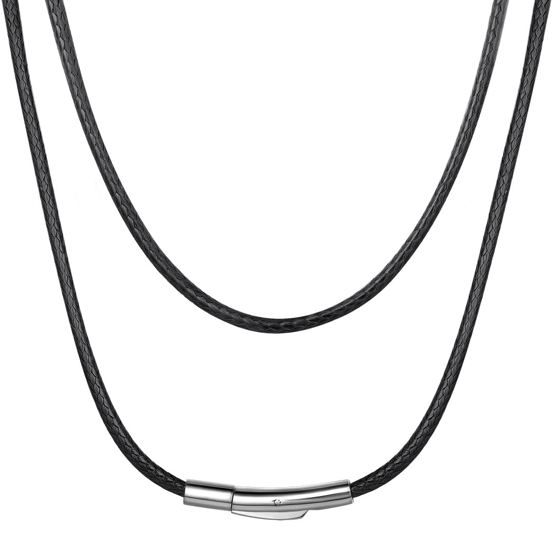 ChainsHouse Leather Necklace Braided Rope Chain with Stainless Steel Clasp 2/3mm -16 18 20 22 24 26 28 30 inch Waterproof Black Brown Cord Chain for Men Women