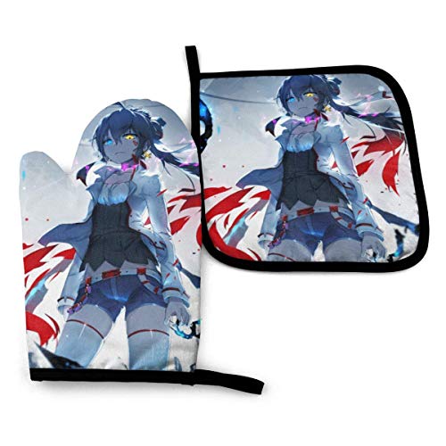 AOOEDM Anime Pixiv Fantasia T Juego de manoplas y porta ollas para horno, antideslizante, colgante, resistente al calor, 2 piezas, para cocina, barbacoa, cocina, horneado, parrilla, lavable a máquina