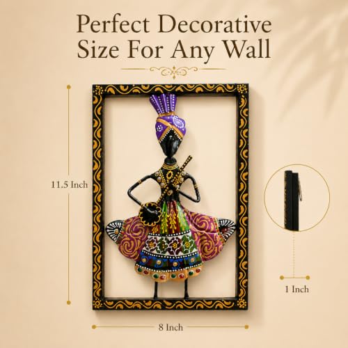 Image of iHandikart Metal Wall Art for Home Decor | Rajasthani Folk Musician Wall Sculpture with Stone Work | Hand-Painted Iron Wall Hanging for Living Room, Bedroom, Hallway, Office | 11.5 x 8 Inch