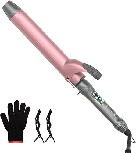 Rizador de 1 12 pulgadas con revestimiento de cerámica, rizador de pelo con barriles largos, rizador de varita con guante protector y 2 clips