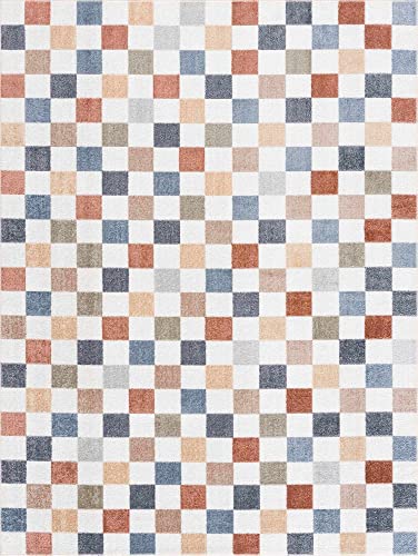 Image of BoutiqueRugs Alia Colorful Modern Checkered Area Rug - Contemporary Geometric Carpet for Hallway, Nursery, Girls Boys Room - Machine Washable - White, Blue, Peach, Rust - 5'3" x 7' (5x7)