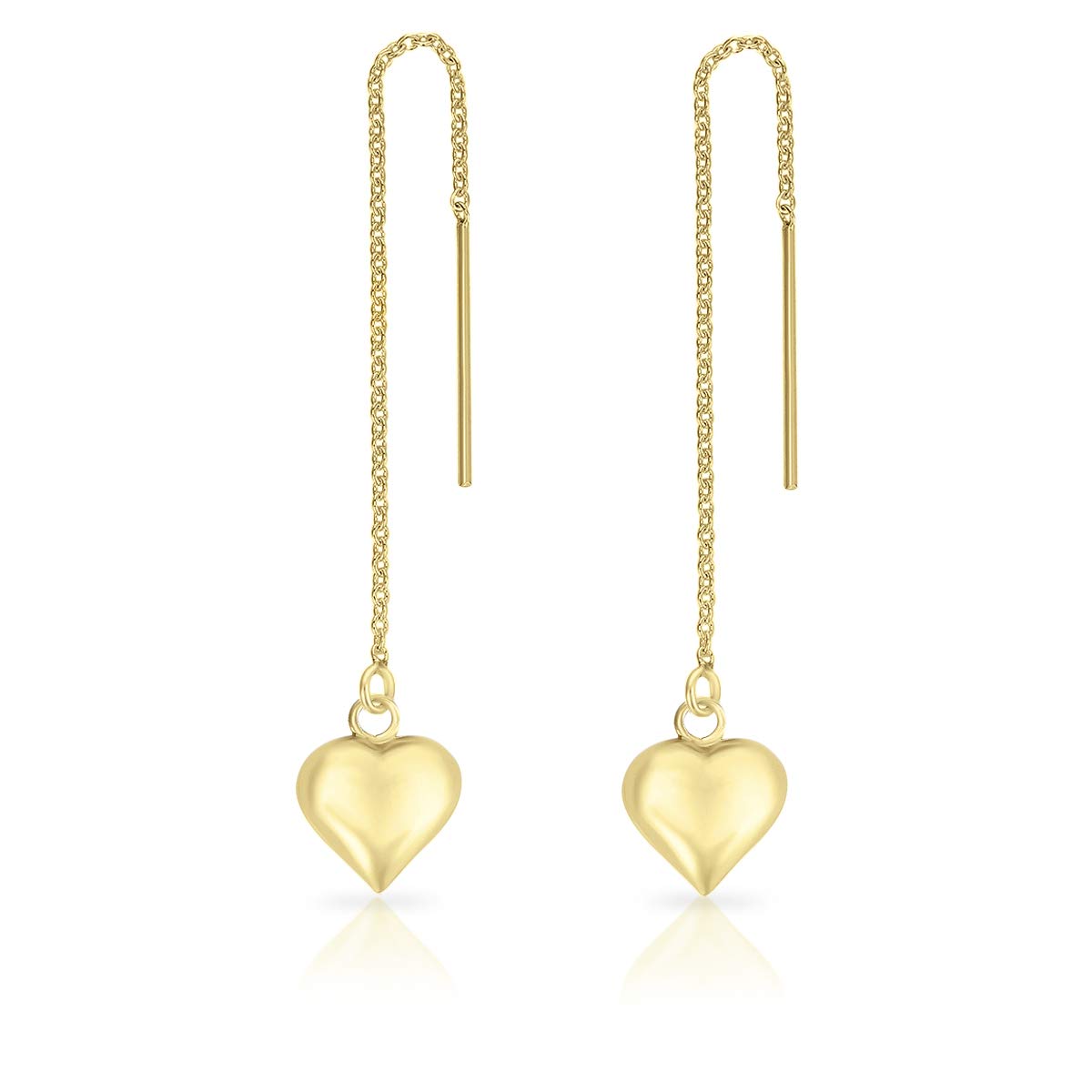 DTPsilver 925 Sterling Silver, 24K Yellow or 18K Rose Gold Plated Pull/Thread Through THIN Chain Drop Earrings and Dangling Puffed Heart, Small Ball or Love Knot