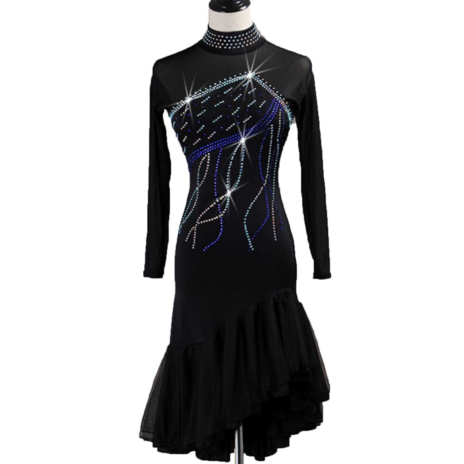 Łacińskie strój dla kobiet Ubrania taneczne salsa na wysokim kołnierzu Siatka Cha Cha Kostiumy wydajności Sala balowa Sukienki taneczne Spódnica tango z strasem