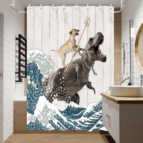 Image of Boziqr Funny Dog Shower Curtain, Japanese Ocean Wave Dinosaur Rustic Barn Door Decor Fabric Bathroom Curtains Set, Cute Animal Kids Polyester Fabric Waterproof, 47 X 64 Inches