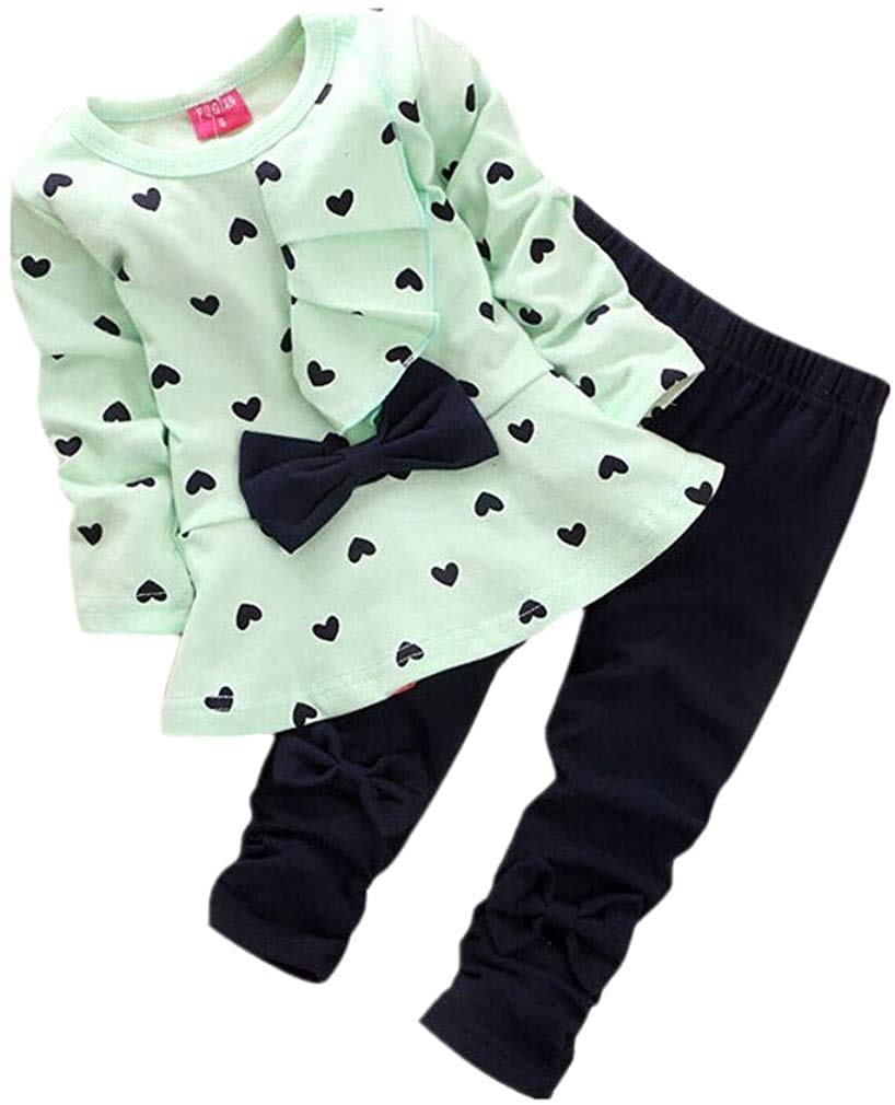 Kleinkind SäUglingsbaby MäDchen Kleidungs Satz, Neugeborene Baby SäTze HerzföRmig Druck Fliege Nette 2PCS Scherzt Gesetzte Lange HüLsen T-Shirt + Hosen