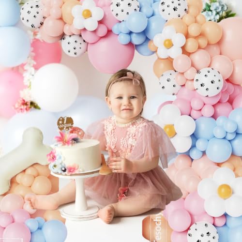 Image of 190Pcs Blue Balloon Garland Arch Kit,Dog Paw Birthday Party Decorations | Pastel Pink Blue Balloons White Daisy Balloons with Bone Foil Balloons for Baby Shower Blue Puppy Party Decorations