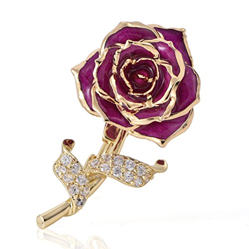 ZJchao Purple Rose Floral Brooch Pins Gift for Brides Wife Flower Brooch Badge 24K Gold Women Jewelry for Her Mom Wedding, Valentines Day, Anniversary, Birthday (Purple)
