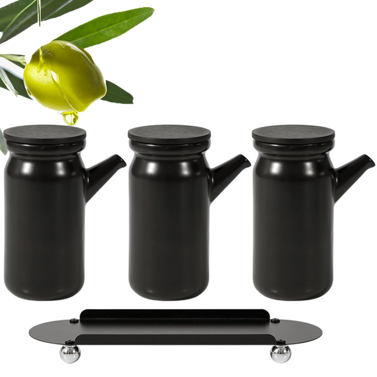 Dispenser per Olio da Cucina, Set Dispenser per Olio E Aceto, Dispenser per Olio da 500 Ml per Cucinare, Aceto, Salsa di Soia, con Vassoio in Ferro, Nero