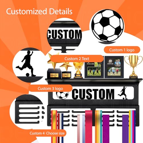 Image of Personalized Medal Holder with Name Display Rack for Awards Ribbons - Metal Custom Sports Race Plaques Hanger for Wall Mount Hold Up 63 Medal Hanger Display for Athlete Boy Girl Kid