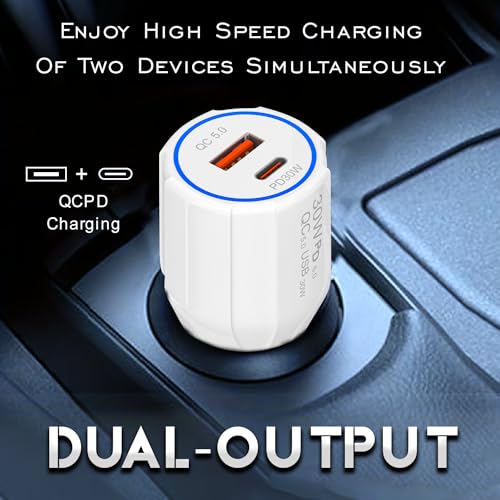 Image of Tempt 60W Thunderbolt Fast Car Charger with Dual Output, 60 Watts Total (30W USB QC 5.0 + 30W Type C PD), Fast Charging, Adapter for iPhone & Android Smartphones and Tablets (White)