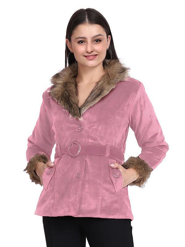 sky fly Women Fur Jacket with Belt-82 Peach Medium-picture-12