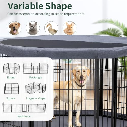 Image of PETIME Dog Playpen,Metal Exercise Puppy Pen Heavy Duty Kennels Yard Fence Indoor /Outdoor 8 Panels Dog Cage with Octagon Top Cover /Bottom Pad (Playpen+Octagon Top+Bottom, Grey, 40 inch H)