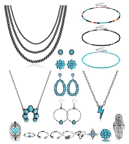 Fansilver Turquoise Jewelry for Women Bohemian Western Jewelry Set Navajo Pearl Necklace Beaded Choker Necklace Turquoise Earrings Bracelet Vintage Knuckle Rings Boho Western Jewelry for Women