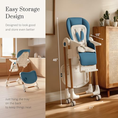 Image of Foldable High Chairs for Babies and Toddlers, 3-in-1 Convertible Baby High Chair with Removable Soft Cushion and Tray, Adjustable Height & Recline, Lockable Wheels, Dark Blue