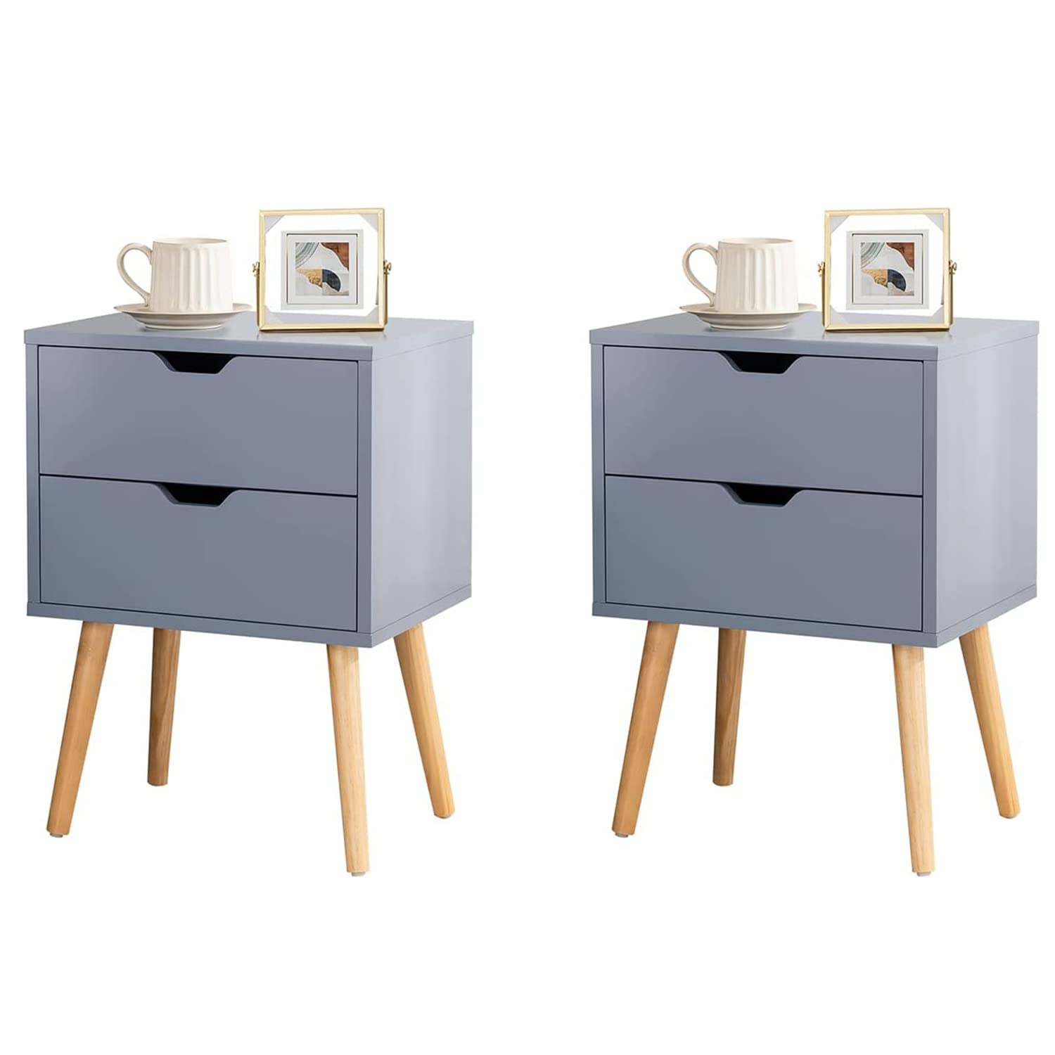 End Side Table Nightstand with Storage Drawer - Fashion Modern Assemble Storage Cabinet Bedroom Bedside - Solid Wood Legs Living Room Bedroom Furniture - Double Drawer Nightstand (Grey)