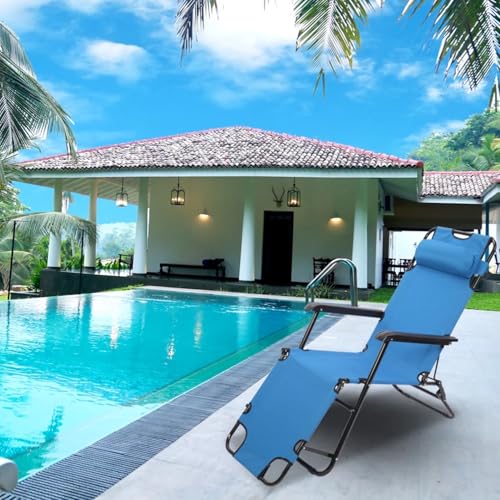 Image of Lounge Chair Full Flat Cot 2 in 1 Zero Gravity Chair Portable Foldable Recliner for Headrest Resting Adjustable Pillow Camping Chair Pool Side Beach Lawn Chair with Pillow (Blue)