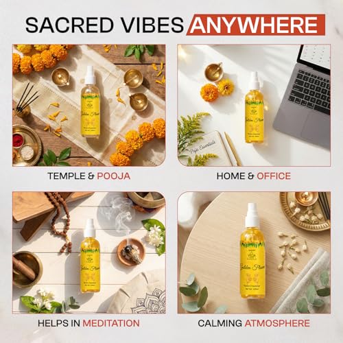 Image of Welburn Veda&Co Golden Flower Fragrance Room Freshener 100ml | Long Lasting Divine Aroma Spray for Home, Puja Room, Office & Meditation Space | Spiritual & Refreshing Air Freshener