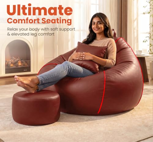 Image of Sattva Piping 2XL Sofa Style Bean Bag Chair with Beans Filled | Faux Leather Bin Bags Combo with Footstool & Cushion | Pre-Filled Beam Bag for Adults, Living Room & Bedroom - Tan /Red Piping