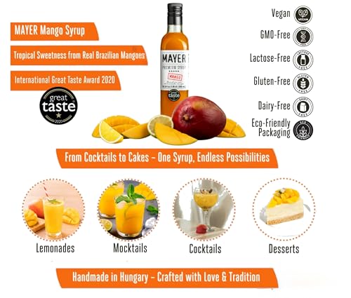 Image of Mayer Mango Syrup for Drinks, Award-Winner, Premium Hungarian Fruit Syrup for Cocktails, Smoothies, Lemonade, Desserts - Crafted with 100% Real Fruits - Rich Taste, No Artificial Flavor, No Additives -Award Winning Artisanal Beverage 16 Oz, 1Pack