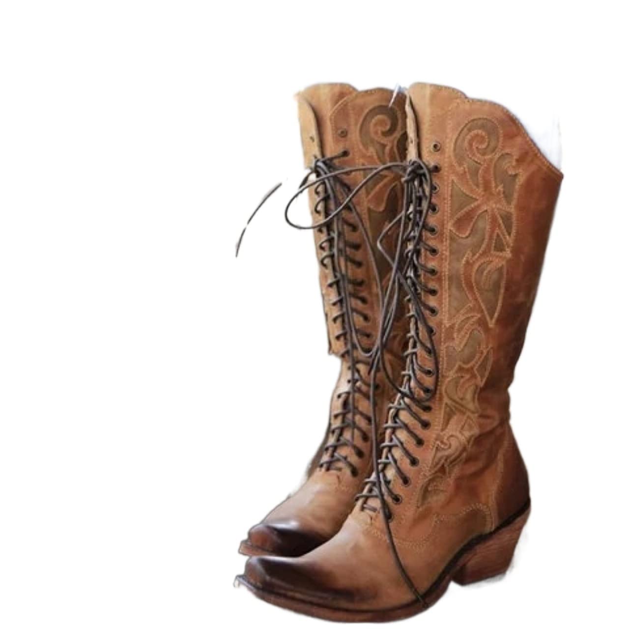 レトロなソリッドカラーのレースアップニーハイブーツカジュアルな