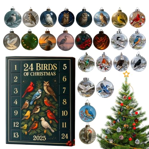TQEBWUS Countdown-Kalender, Vogel-Ornament, sammelbar, in 2D, Countdown zu Weihnachten, 24 Tage mit einem Anhänger – für Jugendliche, Studenten, Familie, Freunde, Schulranzen, Rucksack