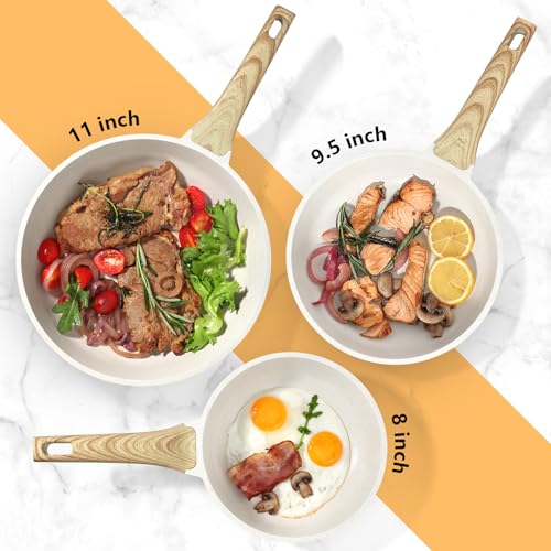 Image of GiPP Non Stick Frying Pan Set - 8 inch 9.5 inch 11 inch Granite Nonstick Pan Skillet, Non Toxic Pans for Cooking, Omelette Pan with Stay Cool Handle, Induction Compatible, PFAS /PTFE /PFOA Free, White
