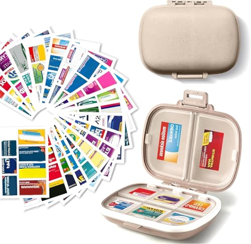iouwei Pill Organizer with Medicine Labels Travel Daily Pill Container Mini Medication Organizer Storage Pill Organizer Travel Essentials Pill Case 7 Day Pill Organizer (Beige 161 Lables)