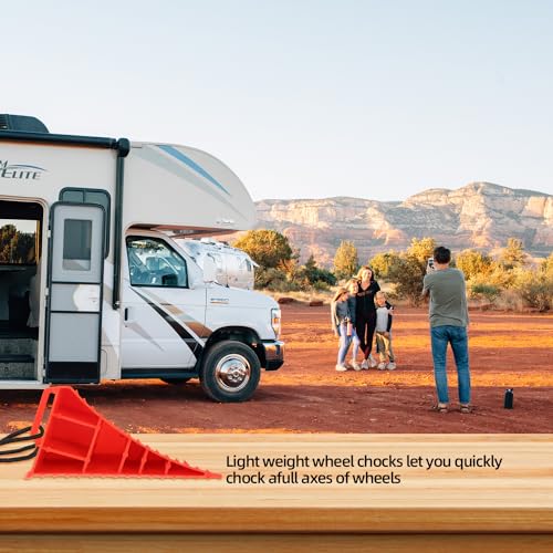 Image of Homeon Wheels RV Camper Large Wheel Chocks Extra Wide with Handle and Rope for Travel Trailers, Cars, Tire Chocks Blocks 2 Packs Hard Plastic Heavy Duty(Red)