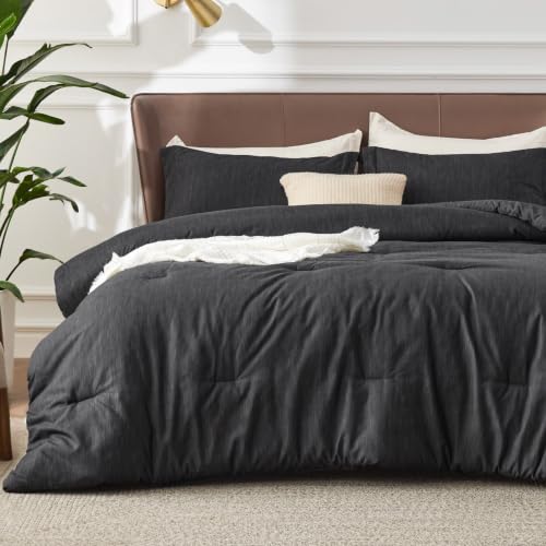 Image of Bedsure Black Comforter Set Queen - Soft Bedding for All Seasons, Breathable Cationic Dyed Bed Set, 3 Pieces, 1 Queen Size Comforter (90 inchx90 inch) and 2 Pillow Shams (20 inchx26 inch+2 inch)