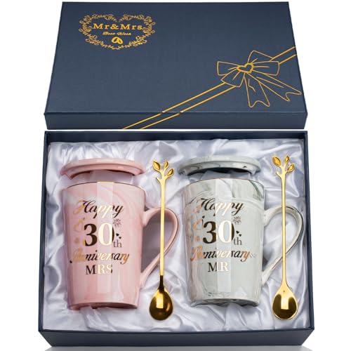 YIKILYLIFE Presentes de 30 Anos de Aniversário de Casamento 2 Peças Xícaras 400ml, Presente de Casamento 30 Anos de Aniversário de Casamento Xícara de Jóias de Cerâmica com Colheres, Cartões, Caixas