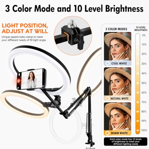 Image of BROLAVIYA No Shadow Overhead Video Mobile Stand with Extra Long Metal Arm,10 inch Selfie Ring Light, 2 Way Base clamp 1 /4 inch Adaptor for Camera, GoPro and Mobile Bracket for Desktop, Bedroom, Office
