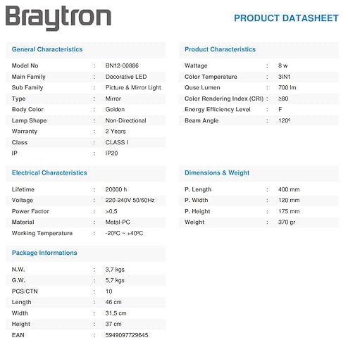 Braytron LED Spiegelleuchte Bad 40cm 8W – 3CCT Spiegel Lampe & Bilderleuchte – 700 Lumen Wandbeleuchtung für Bad, Gemälde & Bilder – Moderne Wandleuchte IP20 – Schwarz/Chrom/Gold (gold)