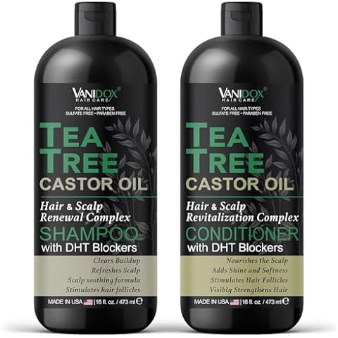 VANIDOX Tea Tree Shampoo and Conditioner Set with Castor Oil and 100% Pure Tea Tree Oil for Itchy and Dry Scalp - Sulfate and Paraben Free -Tea Tree Oil Shampoo and Conditioner - 16 fl. oz. Each Cover