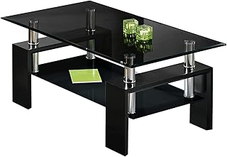 Blisswood Coffee Table For Living Room, Rectangle Glass Coffee Table With Stainless Steel Tube Support & Wooden Legs, Modern Coffee Table With Storage Glass Shelf for Living Room Furniture (Black)