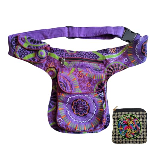 Riñonera Étnica Hippie + Monedero | Pack Riñonera Boho de Algodón 100% con 4 Bolsillos y Ajustable hasta 106 cm | Bandolera de Cadera para Festival, Viaje y Senderismo | Unisex Hombre Mujer (Morada)